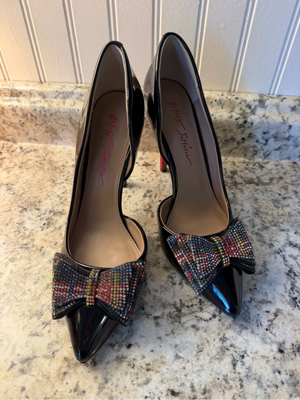 Betsey Johnson Black Patent Pointed-Toe Red Heels with Multicolor Crystal Bow